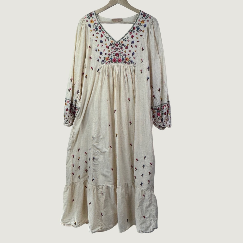 Kyra Embroidered Boho Midi Dress L Beige Cream Floral Cottagecore Peasant Folk